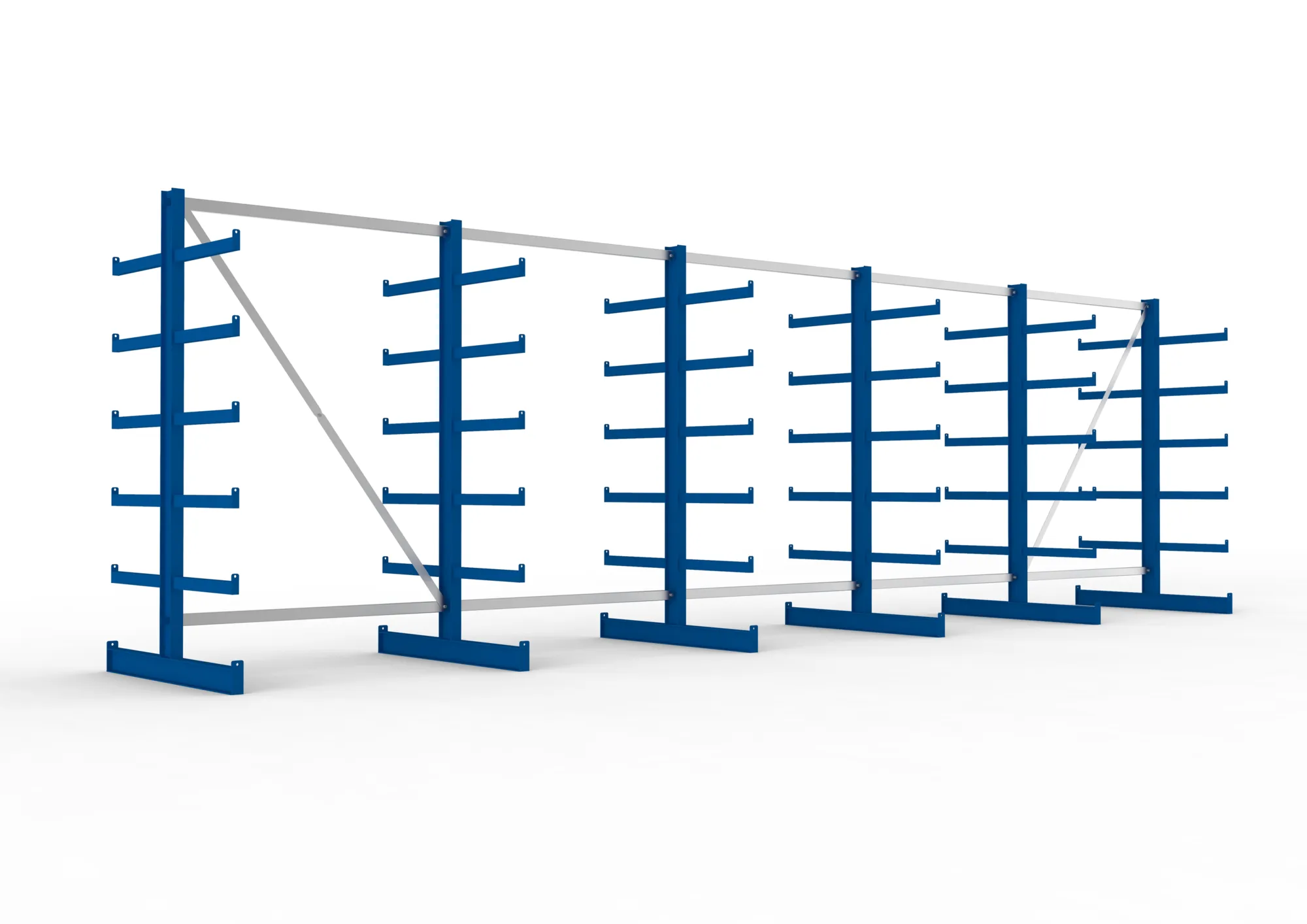 META ATLAS ST | Kragarmregal | 5 Felder | 2000 x 6750 x 500 mm | Armlast 200 kg | doppelseitig | 5+1 Ebenen | RAL 5010