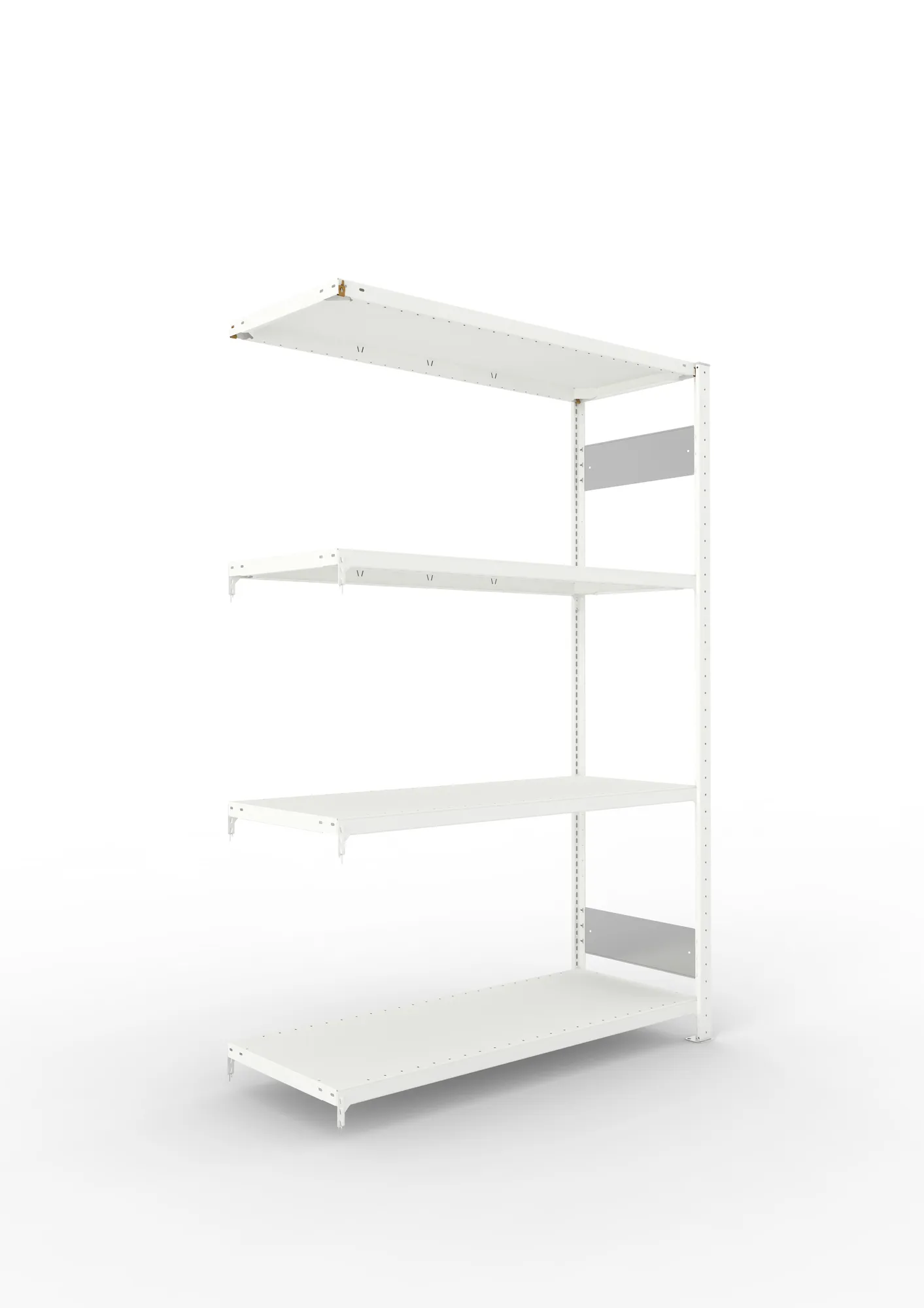 META CLIP S3 | Fachbodenregal | Anbauregal | 2000 x 1300 x 500 mm | Fachlast 230 kg | 3+1 Ebenen | Längsriegel | RAL 7035