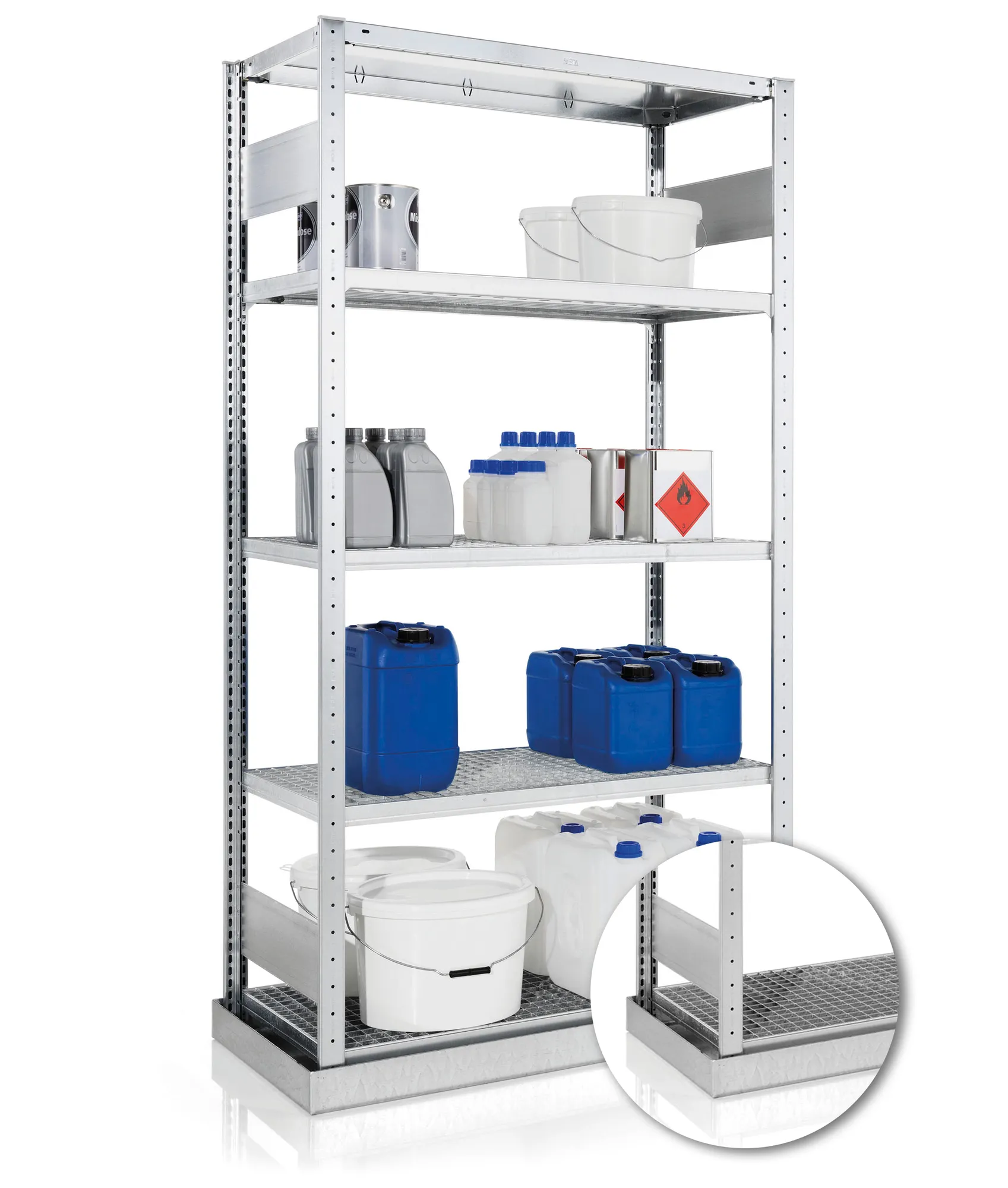 S3 QUICK Shelving with mesh shelves and spillage sump tray + 1 V150 top shelf.