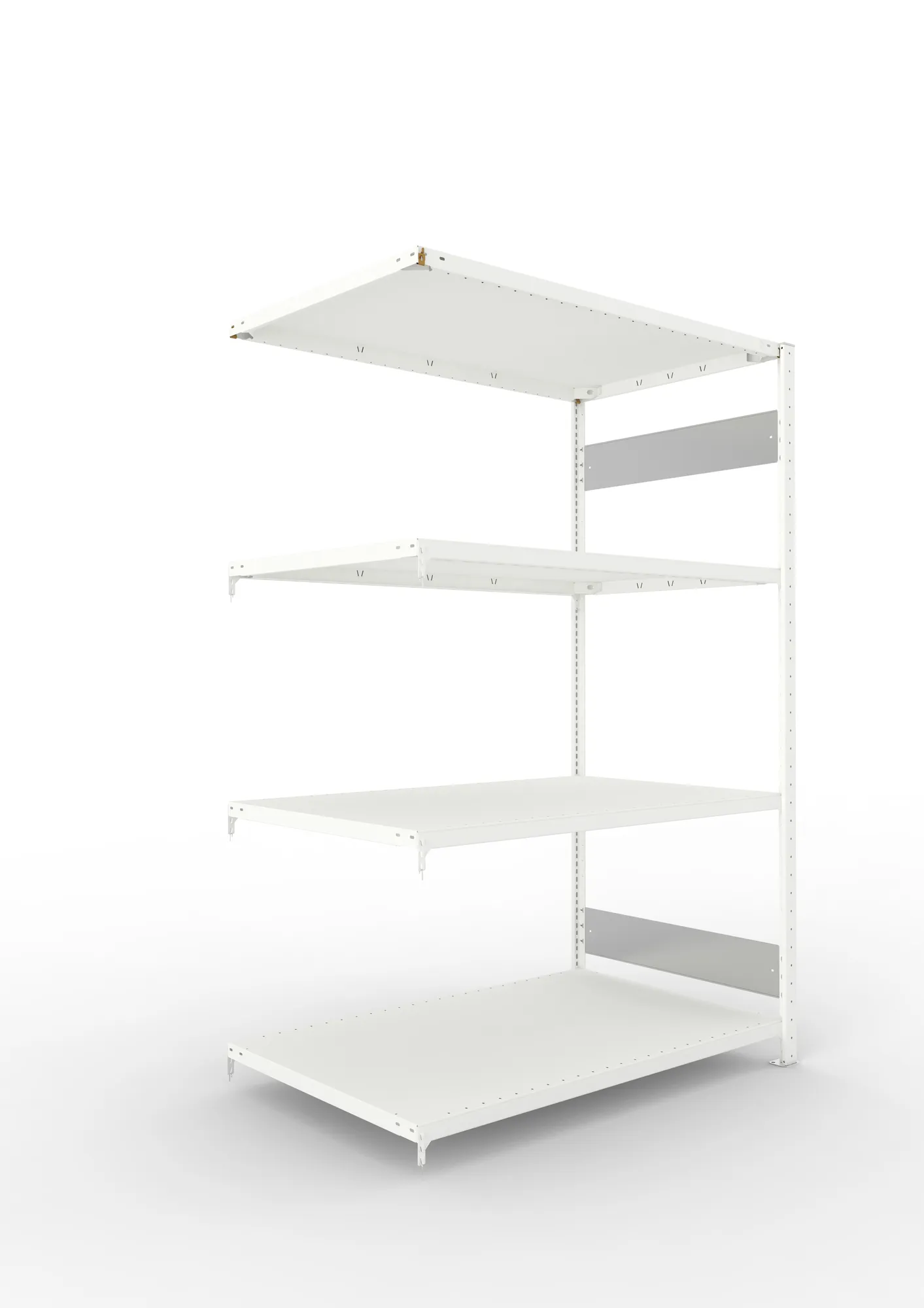META CLIP S3 | Fachbodenregal | Anbauregal | 2000 x 1300 x 800 mm | Fachlast 230 kg | 3+1 Ebenen | Längsriegel | RAL 7035